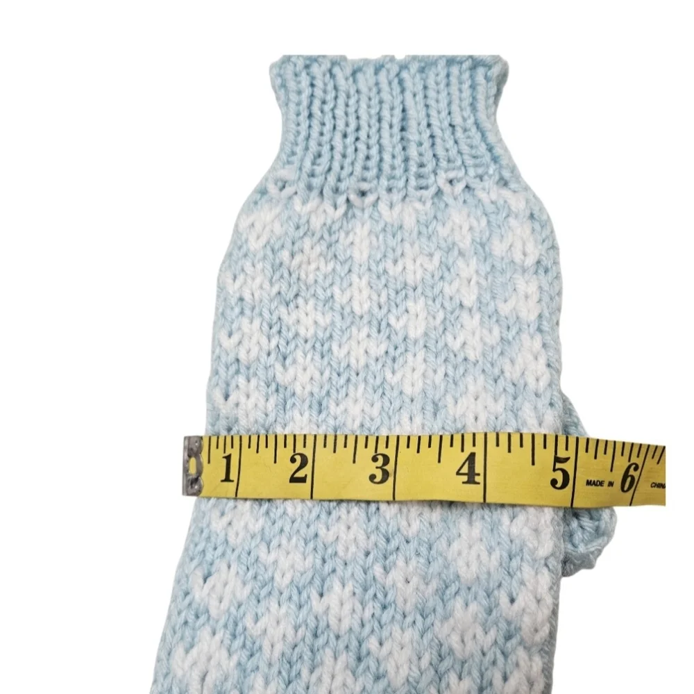 Hand Crafted Crochet Mittens Heart Design Ribbed Trim One-of-a-Kind Blue White